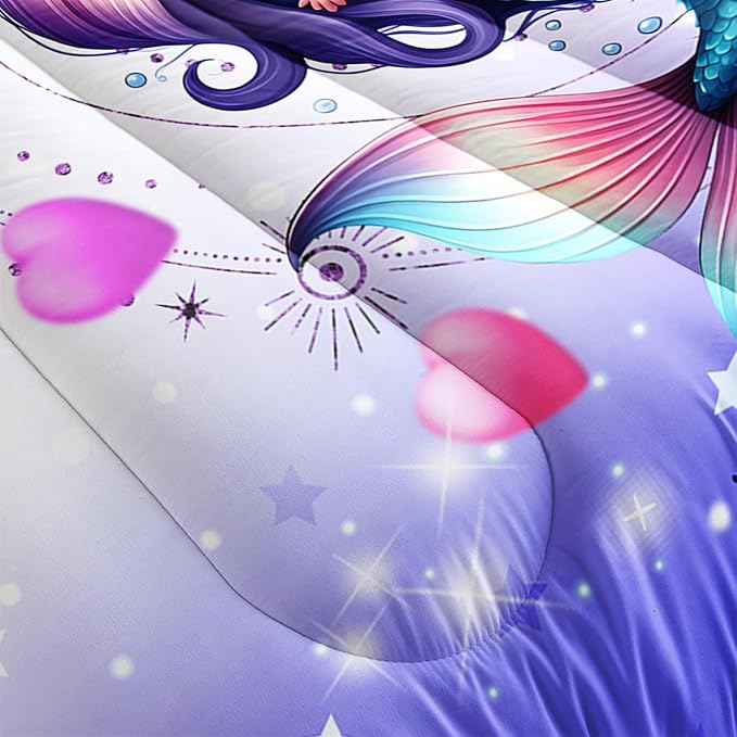 Cute Mermaid Pattern Queen Comforter Set,Star Jellyfish Ocean Themed Bedding Sets for Kids Toddlers Girls Boys Room Decor,Princess Bedding with 2 Pillowcases.