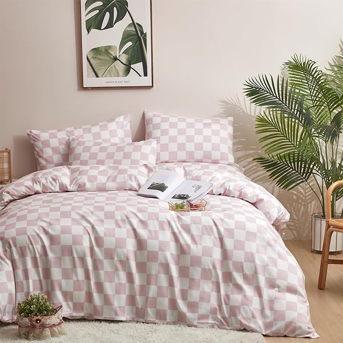 KAREVER Pink White Grid Comforter Set King Pink Plaid Bedding Set Women Pink and White Checkered Bed Comforter Set Breathable Blanket Set Men Durable Bedding Comforter Set