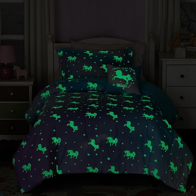 Twin Comforter Set for Girls-3 Pieces Unicorn Glow in The Dark Twin Bedding Sets for Kids,1 Comforter,1 Sham and 1 Decor Pillow