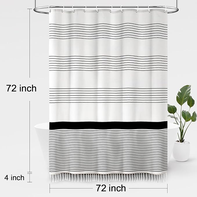Awellife Black Boho Stripe Shower Curtain for Bathroom with Tassel 72 X 72 Farmhouse Cotton
