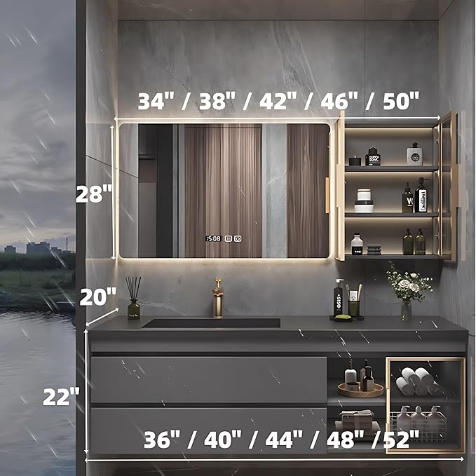 Bathroom Vanity with Sink - Luxury Bathroom Vanities, Floating Vanity with Smart Defogging Mirror, Multi-Layer Solid Wood Material - Complete Accessories (44")