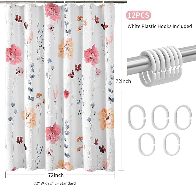 QiyI Watercolor Floral Shower Curtain, 3D Embossed Butterflies Peach Pink Flower Bathroom Curtain, Minimalist White Cloth Bath Curtain, Waterproof Fabric Textured Shower Curtain Set with Hooks, 72x72