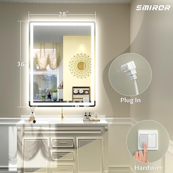 SMIROR LED Bathroom Mirror with Lights 28"x 36", Rounded Rectangle Lighted Vanity Mirror for Wall, Front Lit and Backlit, 3 Colors, Dimmable, Anti-Fog, Tempered Glass (Horizontally/Vertically)