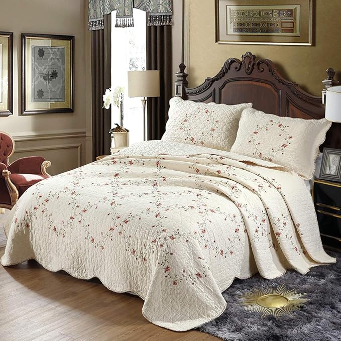 vctops 3-Piece Floral Embroidered Bedspread Coverlet Set King Size 100% Cotton Reversible Patchwork 1 Quilt and 2 Pillow Shams (Flower,King)