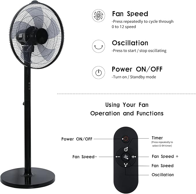 Simple Deluxe 16 Inches Stand Fan with Pedestal Base, Height Adjustable Pedestal Fan with Remote Control, Free Standing Fan with 90-Degree Oscillating 12-Speed Settings, Black