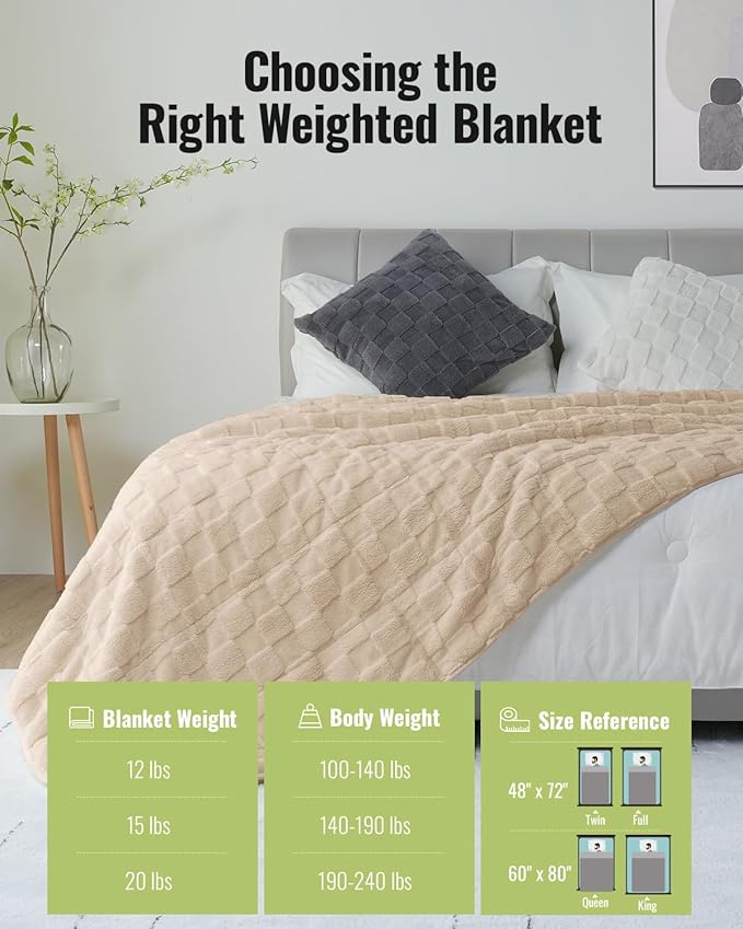 Uttermara Sherpa Fleece Weighted Blanket Queen Size, 3D Jacquard Checkered Warm Sherpa Heavy Blanket for Adults, Soft Fuzzy Weighted Blankets for Couch Bed Sofa, 60" x 80" 15lbs in Tan