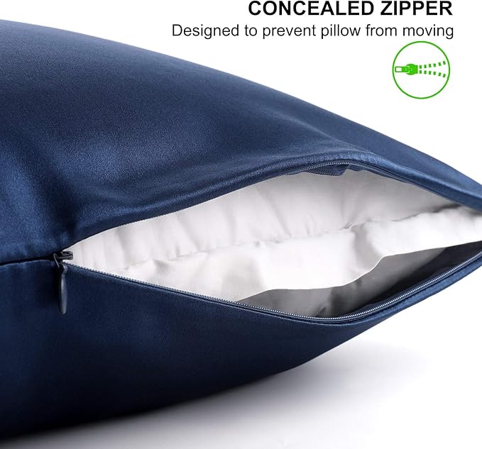 ALASKA BEAR Silk Pillowcase for Hair and Skin, Set of 2 Pure Genuine 22 Momme Mulberry Silk Pillow Cases Standard Size for Bliss Sleep Better Than Poly Satin, Zipper Closure(2pc, Navy)