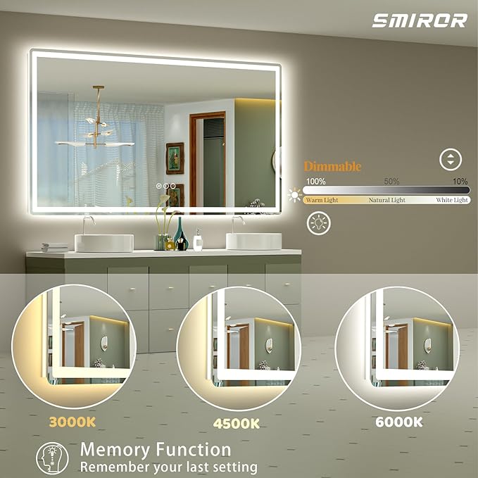 SMIROR LED Bathroom Mirror with Lights 55"x 40", Rounded Rectangle Lighted Vanity Mirror for Wall, Front Lit and Backlit, 3 Colors, Dimmable, Anti-Fog, Tempered Glass (Horizontally/Vertically)
