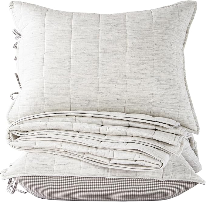 White Quilt King Size， Cotton Linen King Size Quilt Set，3-Pieces Bed Spreads with Grey Plaid Coverlet Lightweight Comforter with 2 Pillow Shams