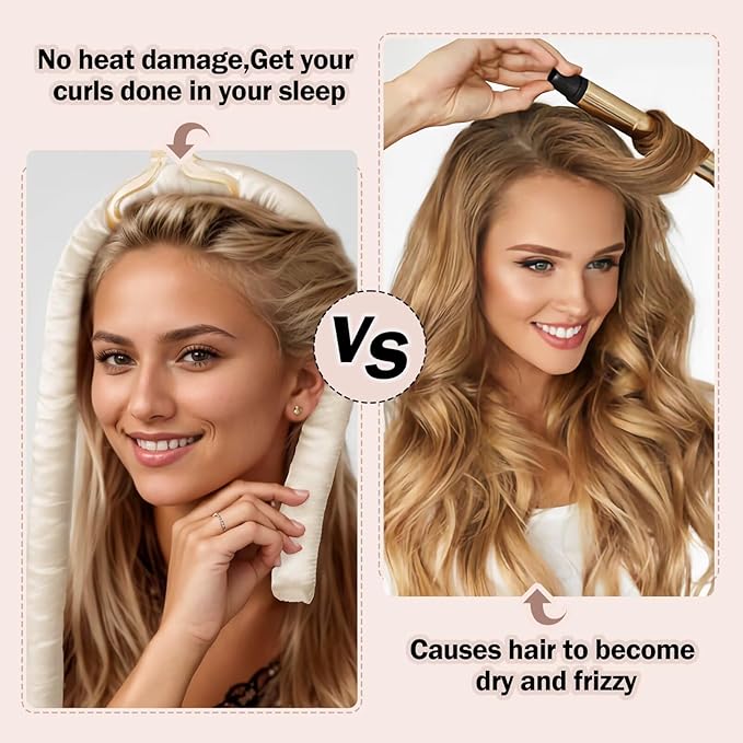 Heatless Hair Curler,Blowout Heatless Curls Overnight,No Heat Curling Rod Set with Satin Bonnet for Sleep in,Champagne