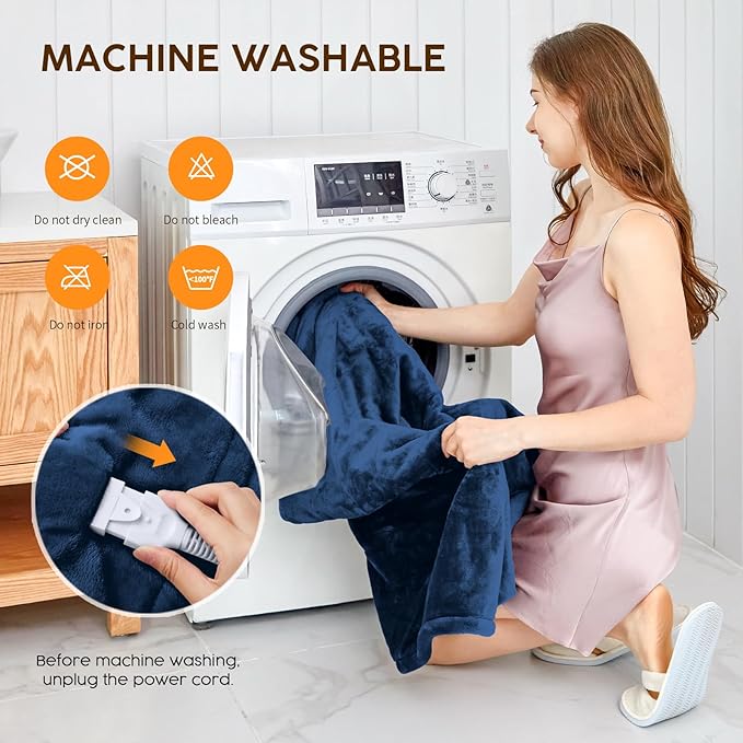 HYLEORY Heated Electric Blanket Throw, 2-Layer Cozy Warm Flannel 62" x 84", Heating Blanket with 9 Heating Levels, 2/4/6/10 Hours Auto Off, Fast Heating Winter Blanket, Navy Blue