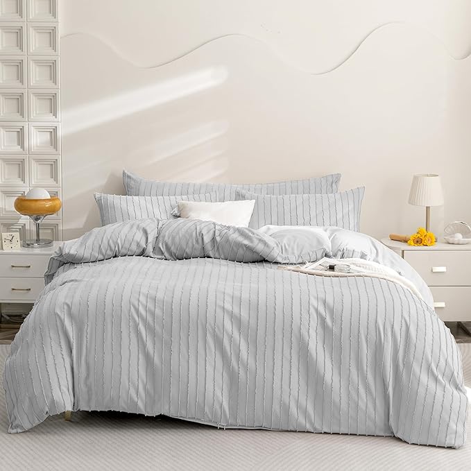 JELLYMONI Duvet Cover Full Size Light Grey - 3PCS Boho Striped Duvet Cover Set Polyester Tufted Bohemian Textured Comforter Cover 80×90in with Corner Ties & Zipper and 2 Pillowcases
