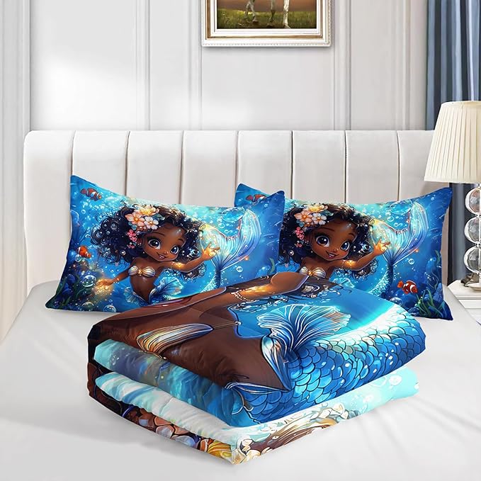 Black Little Mermaid Pattern Queen Comforter Set,Underwater World Ocean Themed Bedding Sets for Kids Toddlers Girls Boys Room Decor,Princess Bedding with 2 Pillowcases.