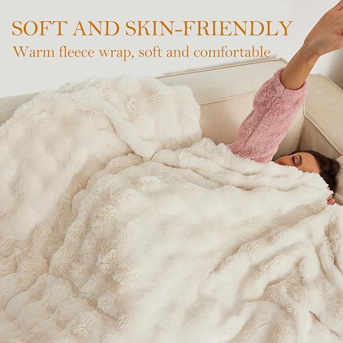 Faux Rabbit Fur Electric Blanket Throw 51"x63" – Heated Blanket with 5 Heat Settings, Timer & Digital Display, Fast Heating, Machine Washable Bubble Plush Heating Throw（White
