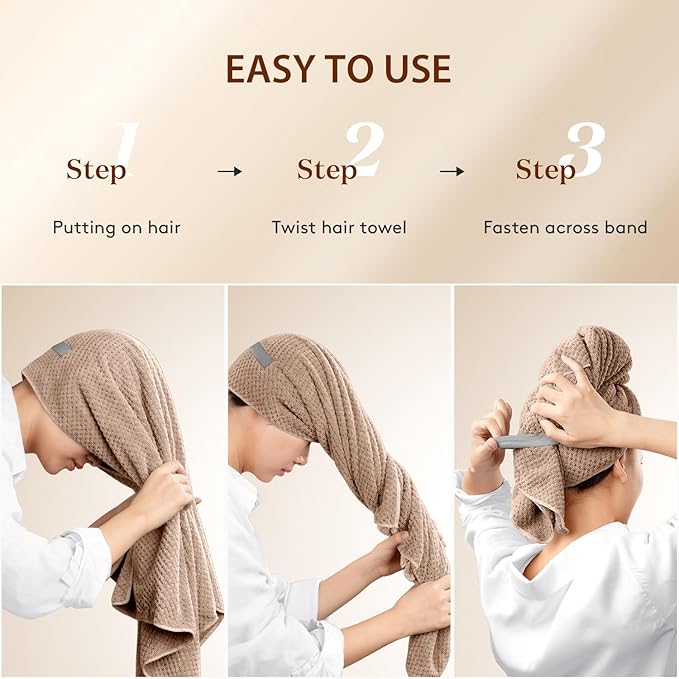 YFONG Large Hair Towel Wrap for Women, Super Absorbent Microfiber Hair Towel for Curly Hair, Fast Drying Hair Turbans with Elastic,Hair Drying Towel Wrap for Hair Care Anti Friz 26.3" X 40" (Brown)