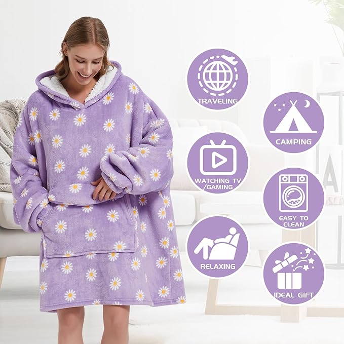 Wearable Blanket Hoodie for Adult,Oversized Sherpa Fleece Blanket Hoodie for Women Men,Daisy