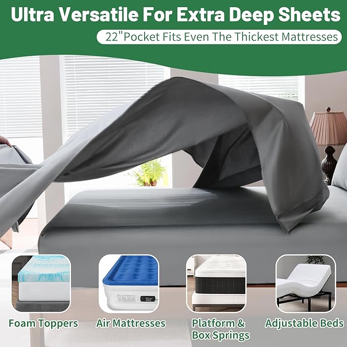 Extra Deep Pocket King Sheets 18-24 Inch 1000 Thread Count 100% Egyptian Cotton Sateen Weave Soft Breathable 4 Pieces（King，Grey）