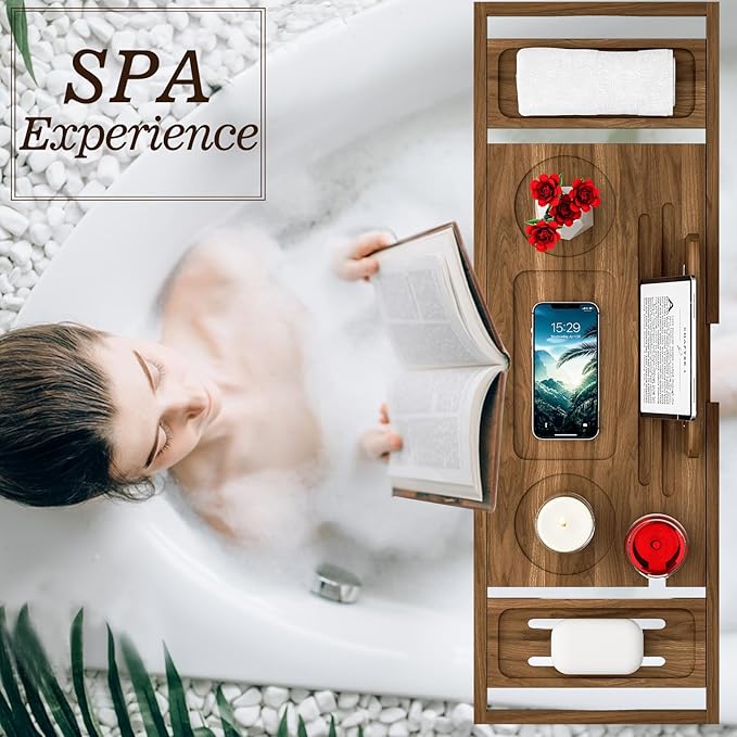 Premium Teak Bathtub Tray Caddy, Expandable Wooden Bath Tray for Bathub, Luxury Bathtub & Bathroom Accessories, Great House Warming, Anniversary & Wedding and Birthday Gifts
