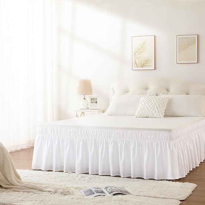 RIMELA Bed Skirting Queen Size White Bed Skirt 25 Inch Drop, Wrap Around Elastic Adjustable Bedskirt, Dust Ruffle for Bed Frame & Box Spring Soft Durable Fabric Machine Washable Easy to Install
