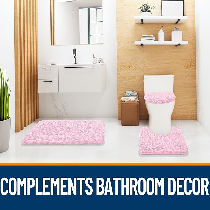 OLANLY Soft Chenille Bathroom Toilet Lid Cover, Machine Washable Seat Covers, 17.5x15, Stays in Place Rubber Backing, Fits Most Round, Elongated and Oblong Lids, Accessories Decor, Pink