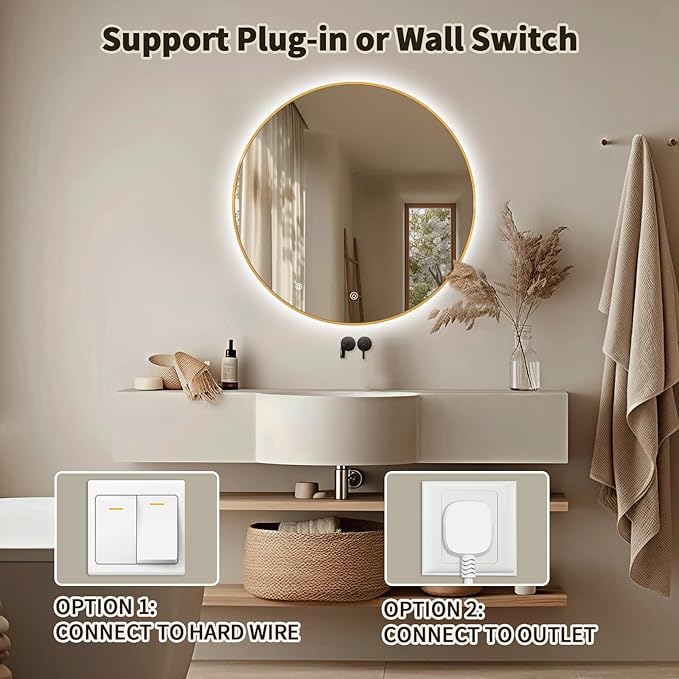 Niccy 48" LED Backlit Round Mirror for Bathroom, Gold Framed Vanity Light Wall Mirror LED Smart Circle Mirrors with 3 Lighting Colors, Dimmable Lighted Mirror with Anti-Fog, IP65 Waterproof