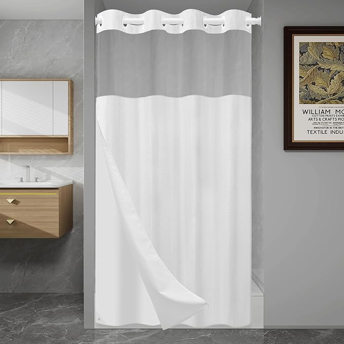 No Hook Shower Curtain with Snap in Liner Set Waffle Shower Curtain for Bathroom Hotel Style Fabric Waterproof Inner Liner，54" W x 80" H, White