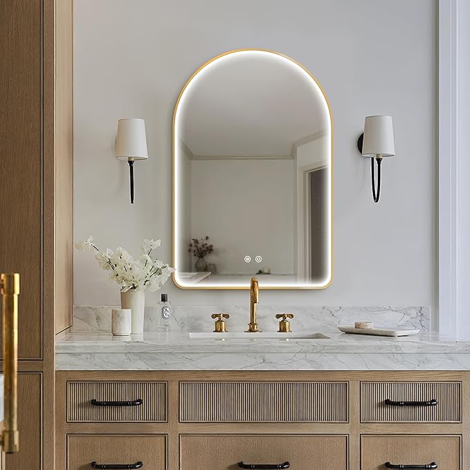 Niccy Arched LED Bathroom Mirror, 36"x24" Gold Framed Arch Wall Lighted Mirrors, Arching Frontlit Vanity-Mirror with Memory Function for Bathroom Bedroom, Defogger and 3 Color, Explosion-Proof