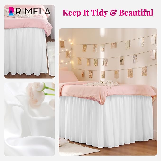 RIMELA Dorm Bed Skirt Twin XL 32 Inch Drop, Easy to Install Extra Long Wrap Around Elastic Dust Ruffle, White Bedskirt Solid Silky Fabric Machine Washable (Twin XL 80“L x 39”W & Twin 75“L x 39”W)