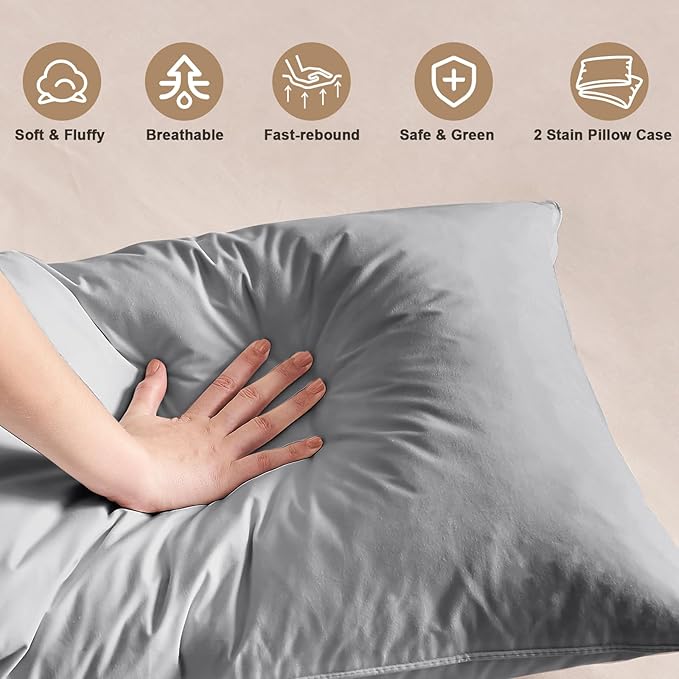 BHZ Satin Goose Down Feather Pillows Standard Size Set of 2 with Satin Pillowcase for Hair and Skin, Cooling Pillow Cases Similar to Silk Pillow Cases, Decor for Women, Mom Men, Grey