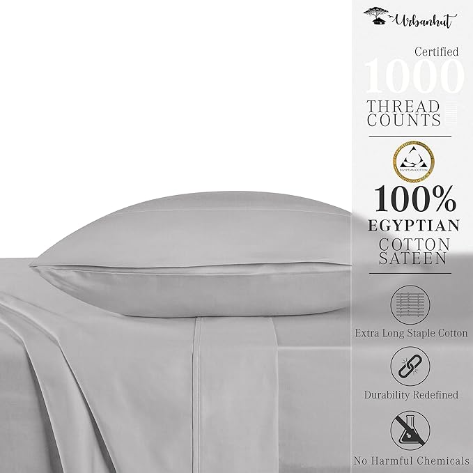 URBANHUT 100% Egyptian Cotton Sheets - 1000 Thread Count Twin Silver Grey Sheet Set (3Pc), Long Staple Cotton Sheets, All Season Sateen Weave, Luxury Hotel Twin Bedsheets,16" Deep Pocket