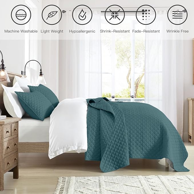 HORIMOTE HOME Quilt Queen Size Teal Blue, Lightweight Quilt for Summer Ultra-Soft Microfiber Modern Style Quilted Clouds Pattern Bedspread Quit Set 3 Pieces(1 Quilt and 2 Pillow Shams)