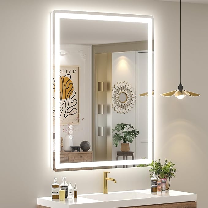 SMIROR LED Bathroom Mirror with Lights 28"x 36", Rounded Rectangle Lighted Vanity Mirror for Wall, Front Lit and Backlit, 3 Colors, Dimmable, Anti-Fog, Tempered Glass (Horizontally/Vertically)