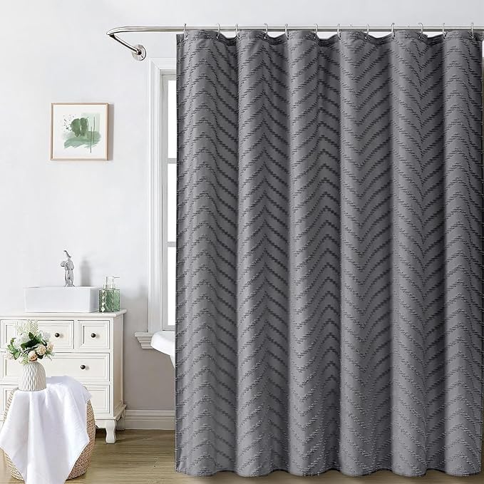 Extra Long Grey Boho Shower Curtain 78 Inch Grey Tufted Chevron Striped Fabric Shower Curtains for Bathroom Modern Shabby Chic Waterproof Cloth Shower Curtains