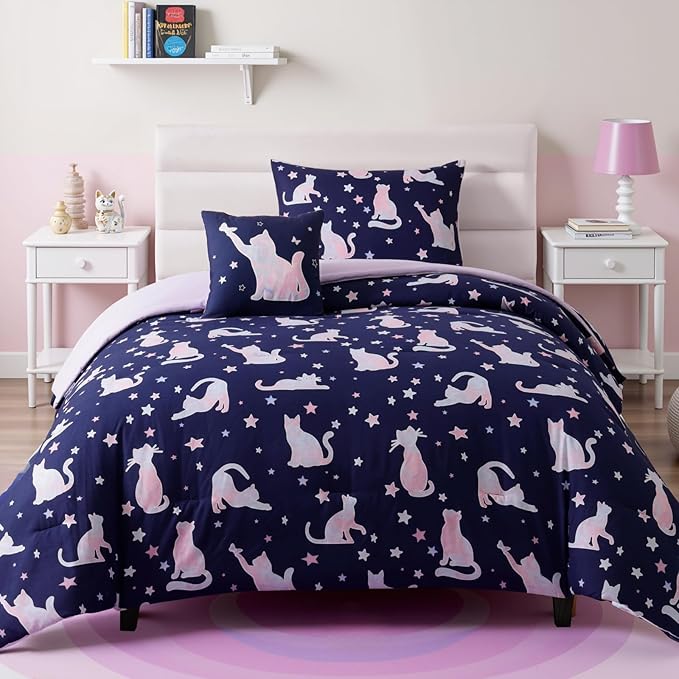 Twin Comforter Set for Girls -3 Pieces Cute Cat Twin XL Bedding Set with 1 Comforter, 1 Decor Pillow, 1 Pillow Sham