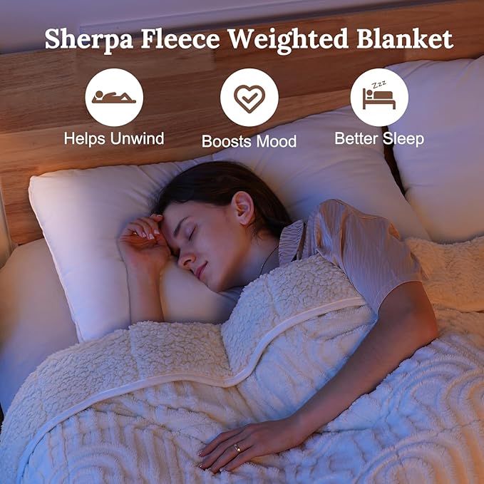 Sherpa Fleece Adult Weighted Blanket Great for Sleep, 15 lbs Dual Sided Soft Fuzzy Heavy Blankets for Couch Bed Sofa, Cozy Warm Arched Jacquard Throw for Winter (Cream White, 60" x 80", 15 Pounds)