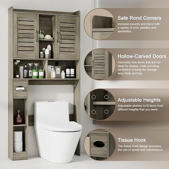Over The Toilet Storage Cabinet, Farmhouse Storage Cabinet Over Toilet with 2 Louvered Door，Home Space-Saving Toilet Rack, for Restroom, Laundry， Bathroom