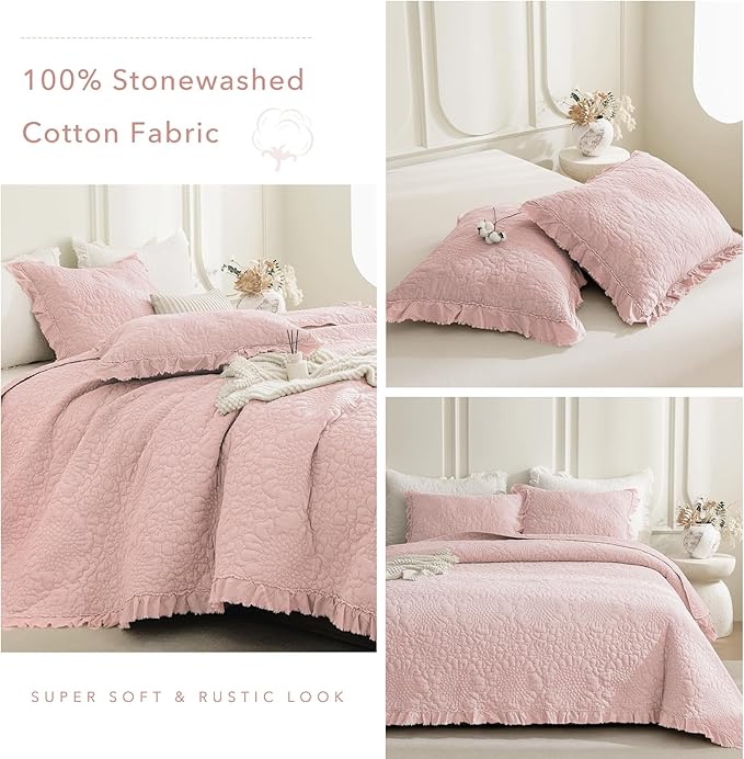 QSH 3PCs Stonewashed Cotton Quilt King (110"x98"), Blush Ruffled Quilt King Size Bedding Set,Ultra Lightweight Soft Crinkled Bedspread Coverlet King Shabby Farmhouse Chic Bedding for All Seasons