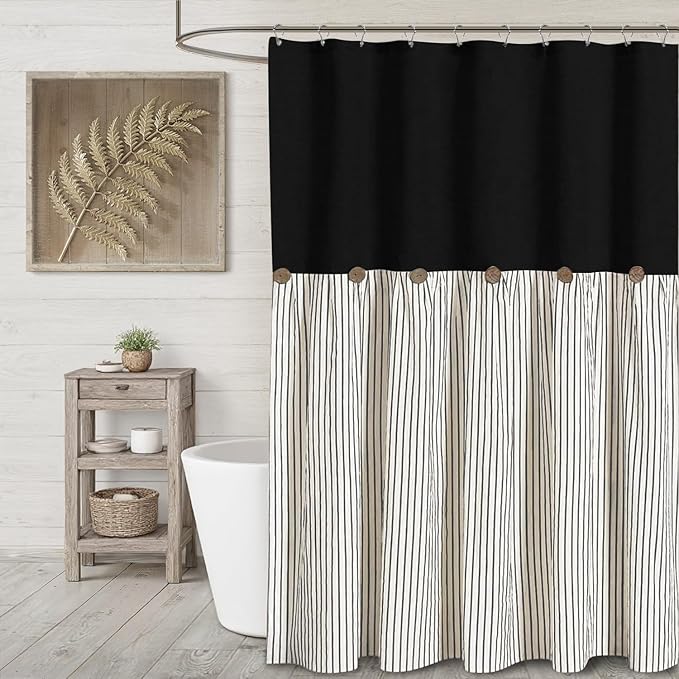 Farmhouse Shower Curtain Linen Blcak Button Woven Fabric Country Rustic Western, Pleated Black Stripe 72" W x 72" L