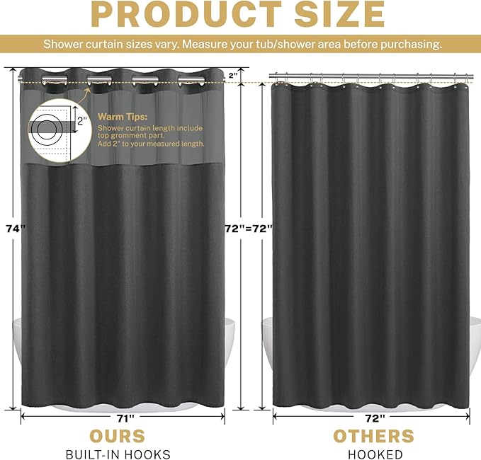 No Hook Shower Curtain with Snap in Liner, Polyester Textured Shower Curtain with Liner Set, Waterproof Washable Hotel Style Shower Curtains for Bathroom, 71Wx74H, Charcoal Grey