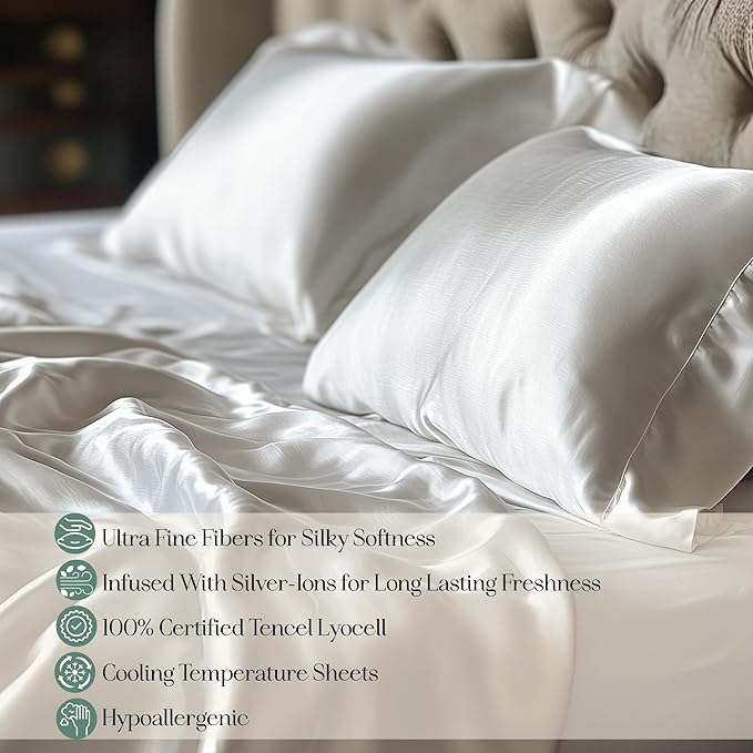 CASILVA Eucalyptus Sheets - Infused with Silver for Anti-Odor, Softer Than Silk Fibers, More Cooling Than Cotton - Perfect for Hot Sleepers & Sensitive Skin - 100% Tencel Lyocell - Full Sheet Set