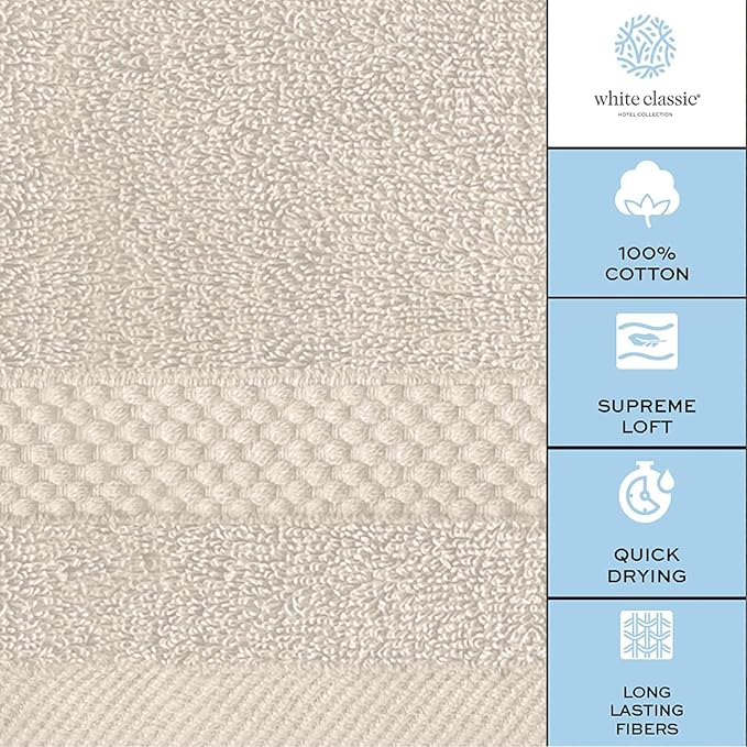 White Classic Luxury Cotton Washcloths 13x13 Inch - 650 GSM Turkish Cotton | Hotel, Spa, Bathroom Face Towel | 12 Pack, Ivory