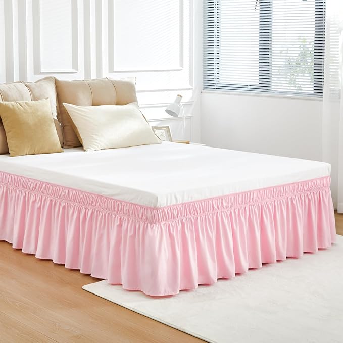 RIMELA Pink Bed Skirt Queen Size 15 Inch Drop Elastic Wrap Around Dust Ruffle Solid Bedding Bedskirt Soft Microfiber Fabric Machine Washable Easy to Install