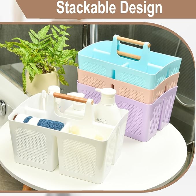 Haundry Plastic Green Shower Caddy Basket with 3 Compartments, Portable Divided Bathroom Cleaning Caddy Organizer Storage Tote with Handle for Dorm, College, Room Essentials
