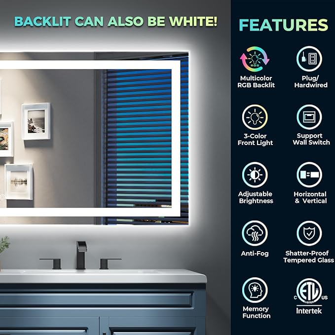 88x38 Inch RGB LED Bathroom Mirror Front Lit and RGB Backlit Lighted Vanity Mirror for Bathroom Wall Dimmable Anti Fog Memory Shatter-Proof IP54 Waterproof Horizontal/Vertical