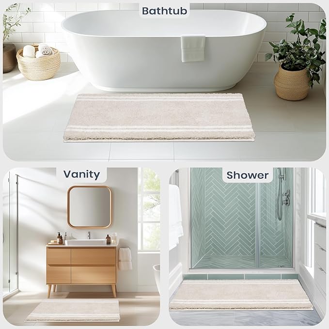 PURRUGS Bathroom Rug Non-Slip Machine Washable 30" x 60", Super Absorbent and Quick Dry Shaggy Microfiber Bath Mat, Extra Soft and Plush Bath Rug for Bathtub, Shower and Sink, Beige