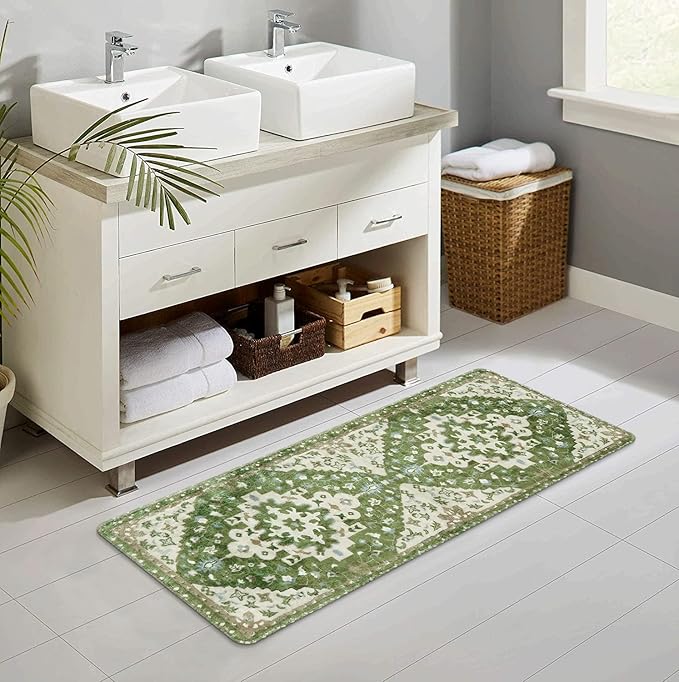 Uphome Boho Retro Bathroom Runner Sage Green Non-Slip Soft Long Bathroom Rugs Runner Oriental Tribal Machine Washable Bath Mat Farmhouse Cute Floral Bath Rug for Sink Tub Kids Room, 18x47 inch