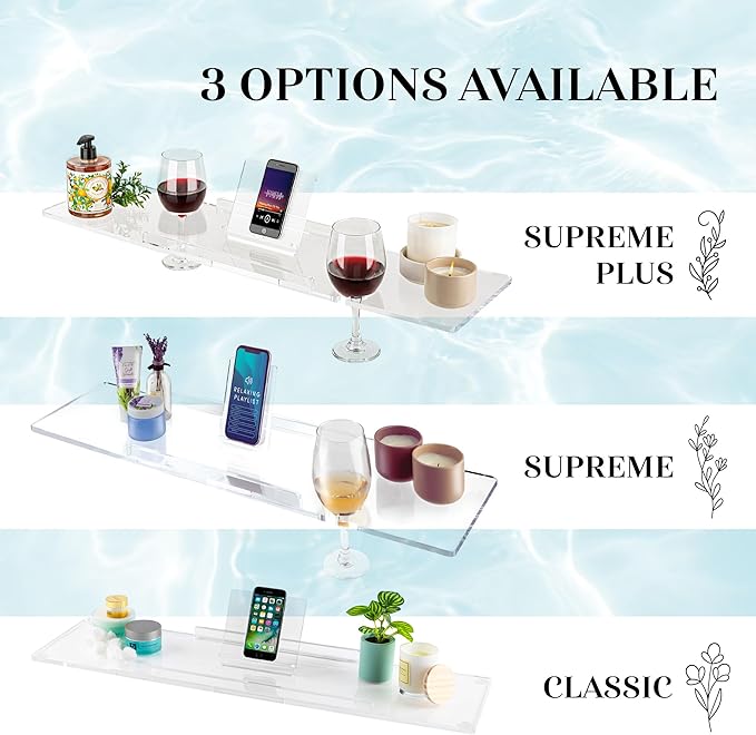 36" Supreme Plus- Luxury Bathtub Tray Caddy- 3/8" Thick, Clear Bath Tub Tray Table for 1 or 2 Bathers, Acrylic Bathtub Caddy, iPad and 2 Wine Glass Holders (Supreme Plus, 36")