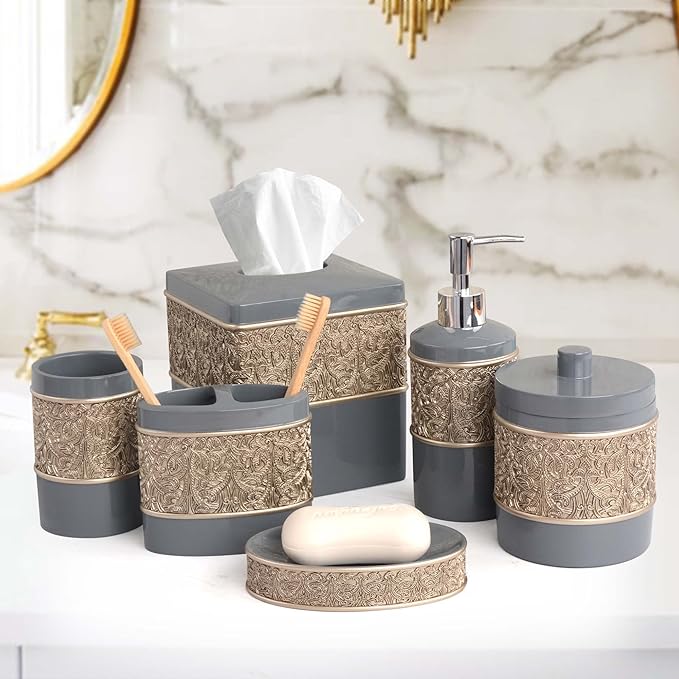 Decozen Bathroom Accessories Set 6Pcs – Soap Dispenser, Toothbrush Holder, Tumbler, Soap Dish & Cotton Swab Jar – Modern Bathroom Decor, Bath Set for Christmas Decor