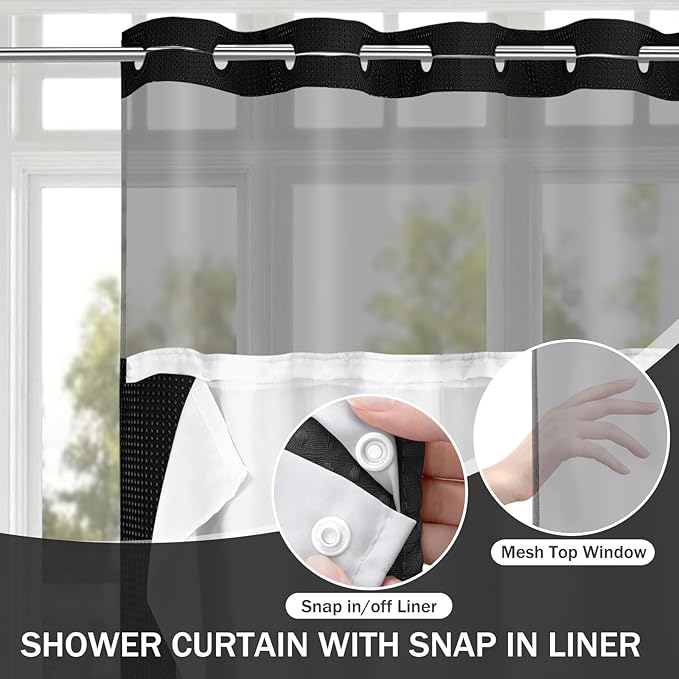YellyHommy No Hook Shower Curtain with Snap in Liner Set Less Time Black Waffle Shower Curtain for Bathroom 75" L x 72" W