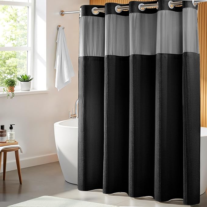 River Dream Black Fabric Shower Curtain Set, Cotton Blend, Waffle Weave, with Snap in Replacement Liner，71 x 74 inches